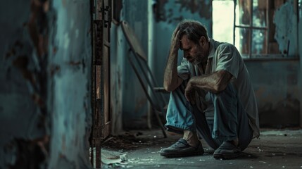 A man sitting on the ground in a run-down building. Suitable for urban exploration themes