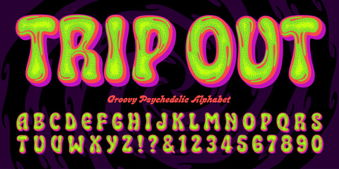 A bold, liquid flowing psychedelic alphabet in bright vivid colors, perfect for retro 1960s blacklight posters. © Mysterylab