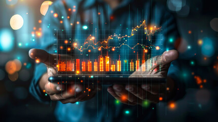 A person is holding a tablet with a graph on it. The graph shows a series of numbers and lines, and the person is holding the tablet as if it were a book. Concept of importance and significance