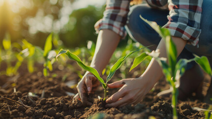 Farmer examining corn plant in field. Agricultural activity at cultivated land. Agronomist inspecting maize seedling