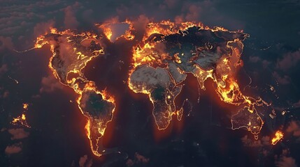 photorealistic world map dramatic shot world on fire