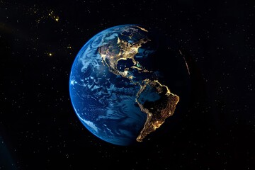 Planet Earth viewed from space in the center of the image It emphasizes the bright light of the city, illuminated in the dark.