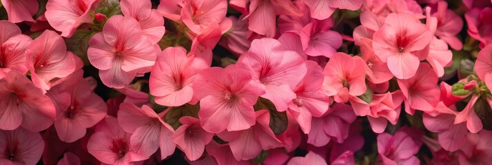 Fototapeta premium A close-up panorama of vibrant pink geraniums in full bloom