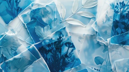 Sheets of cyanotype paper exposed to sunlight, with objects creating intricate silhouettes