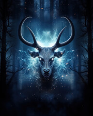 Outline of head of deer made entirely from blue magical glow against background of black dense forest, an abstract fantasy portrait of beast