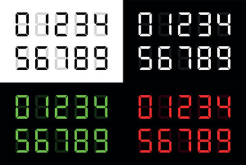 Electronic numerals (numbers arabic). Alarm clock or clock symbol. Digital information indicator, luminous numbers.