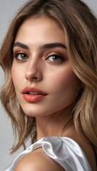 Close up portrait of a beautiful woman with glowing face. Beauty product commercial photo, glamorous portrait, Generative AI 