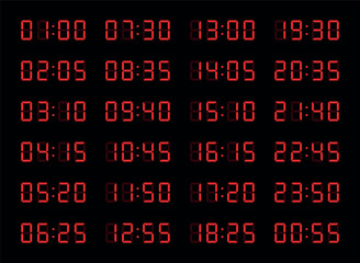 Electronic numerals (numbers arabic). Alarm clock or clock symbol. Digital information indicator, luminous numbers.