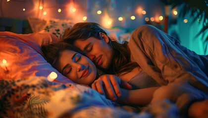 Lovely couple sleeping together in bed at night