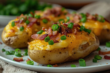 Close up baked potatoes topped with bacon, green onions and cheddar cheese on white plate, delicious snack, tasty and healthy food