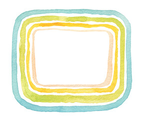 Ink watercolor hand drawn square stain painting line frame. Wet yellow, blue pastel color paper texture on white background.