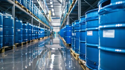 Fototapeta premium Rows of blue industrial barrels in warehouse setting