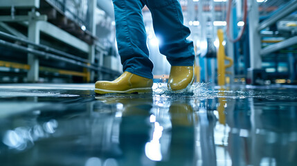 Obraz premium Worker Wearing Yellow Boots Walking in Wet Factory Floor