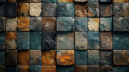 Wall tiled with square colorful tiles in dark gray, brown, black, blue colors, aged modern interior, grunge mosaic pattern