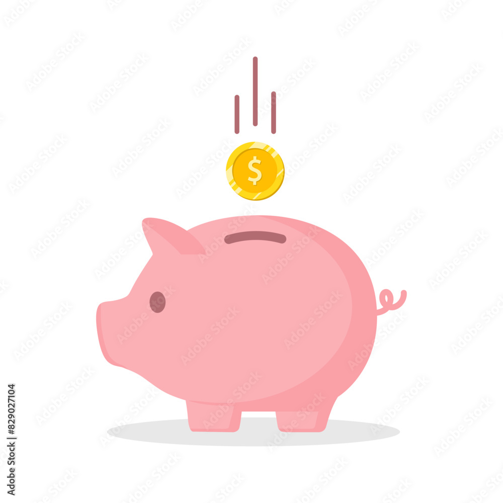 Wall mural piggy bank with dollar coin currency vector illustration in pink color. saving, investing and accumu