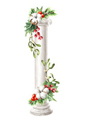 Winter wedding decor, Bouquet on the column. Hand drawn watercolor illustration isolated on white background