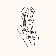 Outline woman holding a flower. Line art hand drawn style vector cute female illustration