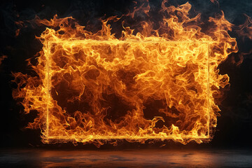 Rectangular frame engulfed by bright flames, black background with geometric shape and dynamic movement of fire on burning object,