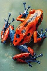 A vibrant red and blue frog sitting on a table. Perfect for nature and animal themes