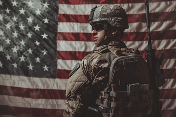 Military soldier on US flag background