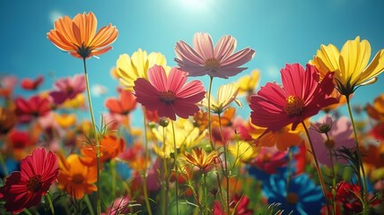 Obraz premium Colorful Flowers Blooming in Field on Sunny Day