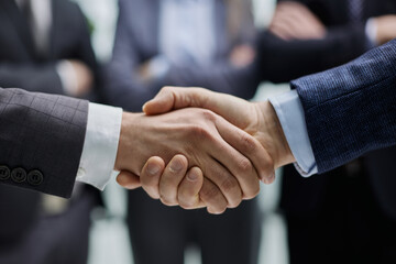 Business colleagues shaking hands in an office hallway