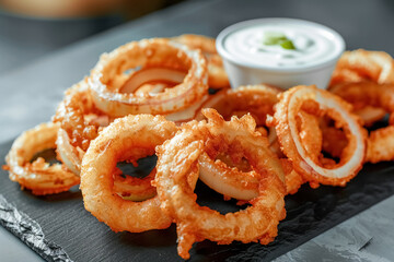 Close up of fried crispy onion rings with white sauce on black slate board on concrete background, delicious and tasty appetizer