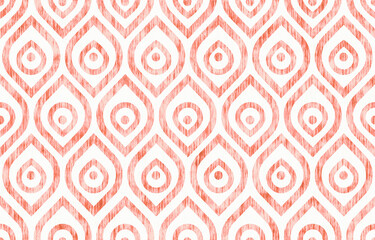 Seamless vintage pattern with stylized peacock feathers. Vintage red ikat ogee pattern.