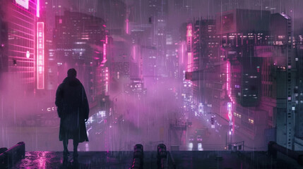 concept art of man in the cyber city, dystopia futuristic city, game art, purple tone