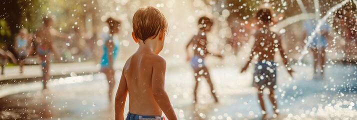 Obraz premium Young child stands back to camera among splashing water jets in a sunlit water park, evoking a sense of summer fun