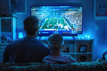 Fans of american football. Father and son watching TV.