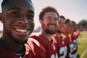 Smiling American football players standing together on a sports field outside during a team practice