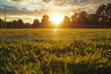 Sunny football field at sunset