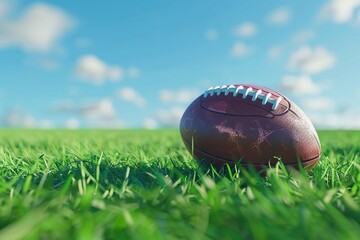 American football ball on green grass field background.