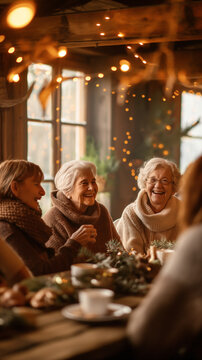 Elderly Women Laughing Together in Cozy Christmas Setting