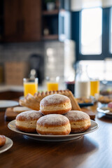 Donuts served on the dining table. Breakfast in the kitchen. Brunch at home. No people on the photo.