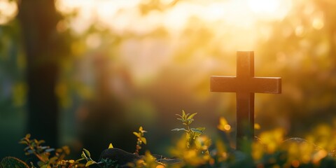 A tranquil scene with a Christian cross silhouetted against a soft sunset and glowing foliage