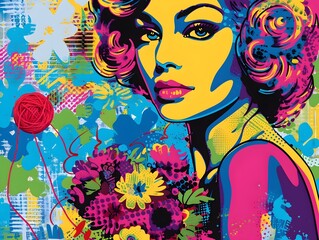 Naklejka premium Vibrant Pop Art Portrait of Glamorous Woman with Colorful Flowers