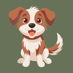 A brown and white dog is seated with its tongue hanging out