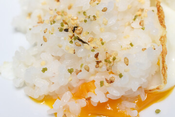 Fried egg with rice and seasoning. details of the meal. food with a selective focus.