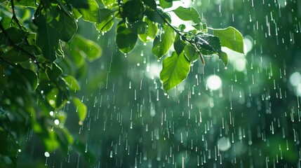 Raindrops glisten on verdant leaves during a serene shower