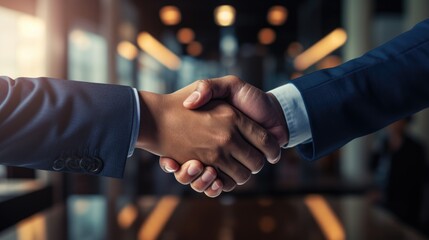 Businessman shaking hands with a client in a sleek conference room .