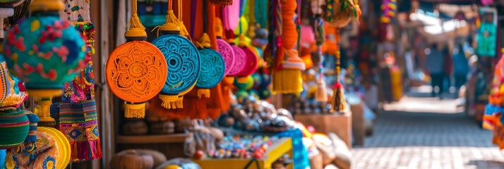 Fototapeta premium A rich tapestry of handmade crafts on display at an outdoor market, full of vibrant colors and patterns