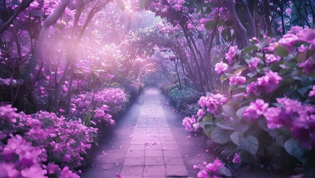 A pathway through a mysterious garden lined with plants and flowers glowing with a violet light.
