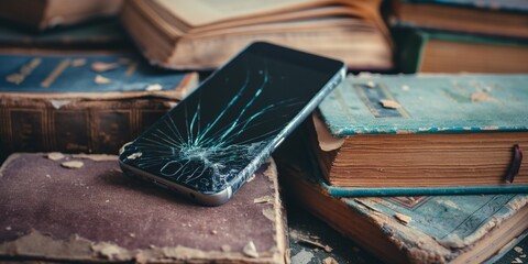 Black smartphone with a broken glass laying on a book