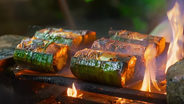 At a small rustic restaurant the food critics are served a traditional dish of fish wrapped in banana leaves and cooked over an open fire. They debate the tenderness of the fish and