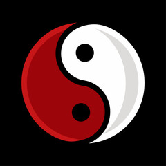 Yin yang symbol in red and white on black background shows balance and harmony