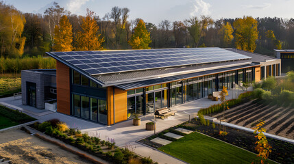 Obraz premium A building with a green roof and solar panels on top