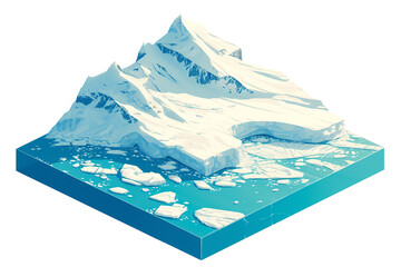 Obraz premium Isometric glacier terrain with mountains and ocean. Illustration isolated on transparent background. Geographical concept. Clipart for game asset, infographic, and educational material. 