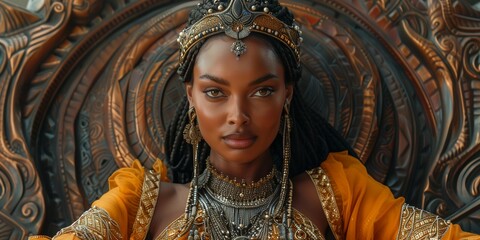 Elegant African Queen with Crown and Ivory Throne, generative ai